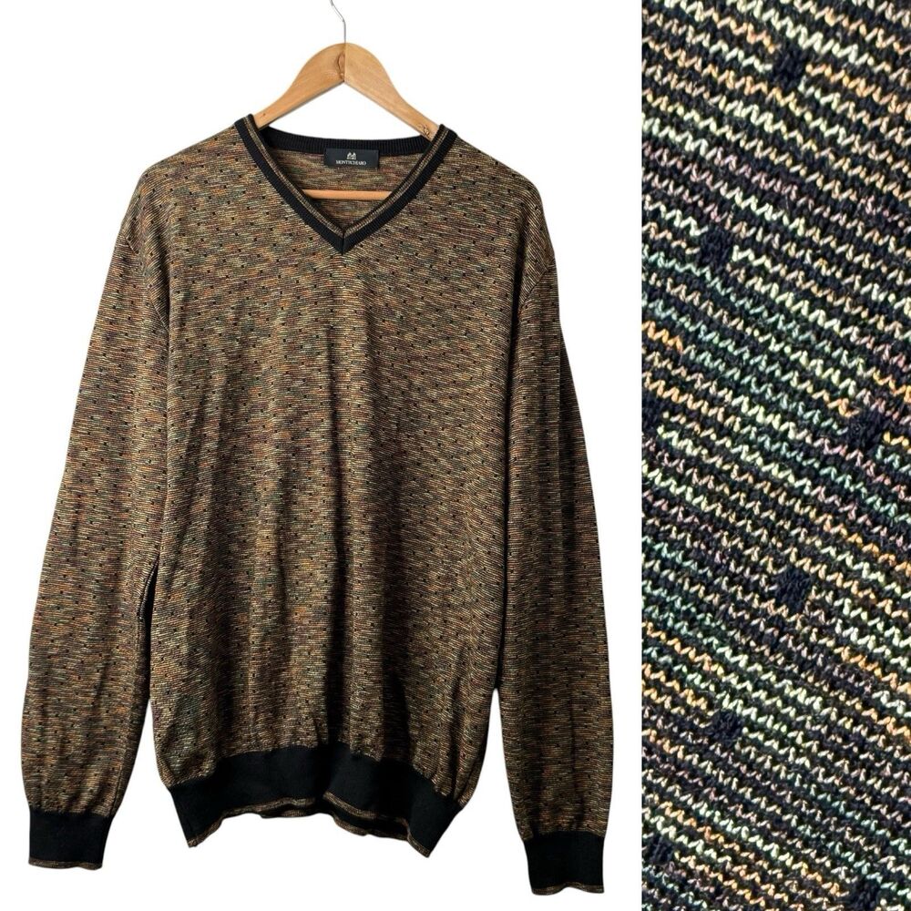 VTG Montechiaro Italy 3D Textured Knit V-Neck Wool Blend Sweater EU54/XL Preppy